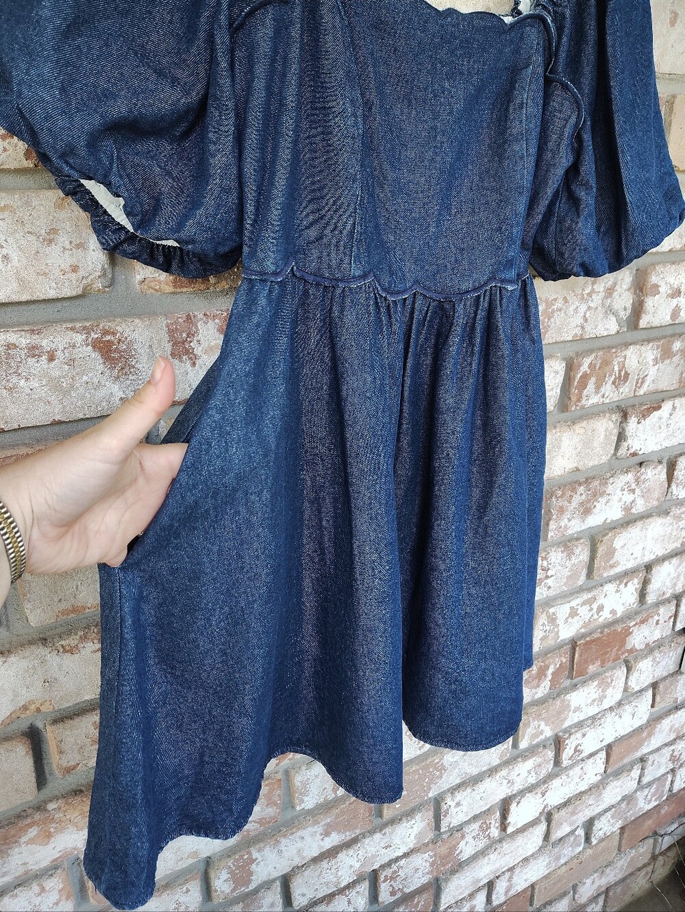 Entro Denim Babydoll Mini Dress M Blue Scalloped Neck Puff Bubble Sleeve Pockets - Picture 6 of 9